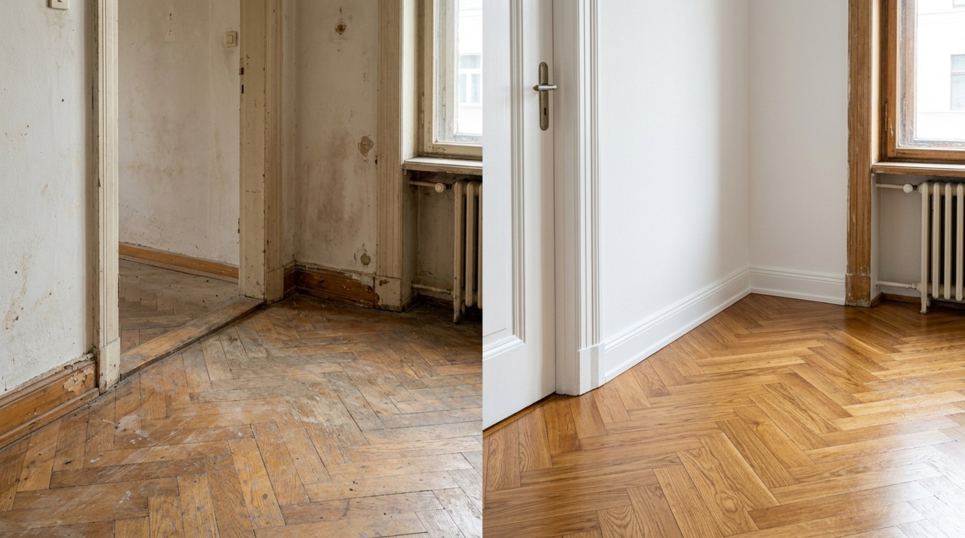 Altbau-Zimmer vorher mit abgenutztem Boden und nachher mit geschliffenem Fischgrätparkett