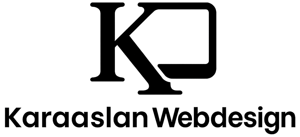 Weißes Logo mit stilisierten Buchstaben "K" und "D" über dem Text "Karaaslan Webdesign" auf dunkelgrünem Hintergrund.