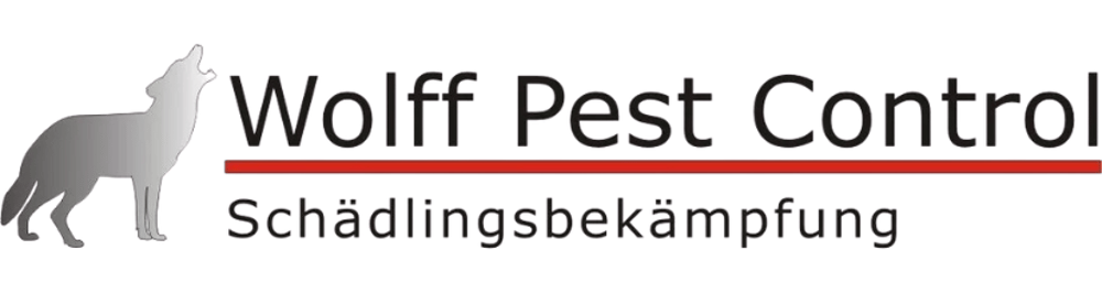Grauer heulender Wolf mit Text "Wolff Pest Control" über roter Linie und "Schädlingsbekämpfung" darunter.