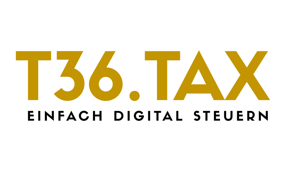 T36.TAX Logo in Gold auf dunklem Grün, mit Slogan "EINFACH DIGITAL STEUERN" in Schwarz darunter.