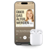 Smartphone zeigt Podcast "Über das Älterwerden" mit einer Frau, daneben weiße kabellose Kopfhörer.