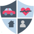 Schild mit vier Symbolen: Auto, Herzschlaglinie, Haus und Person.