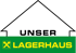 Logo mit weißem Hausumriss auf grünem Grund, darunter "UNSER" und "LAGERHAUS" mit Raiffeisen-Logo.