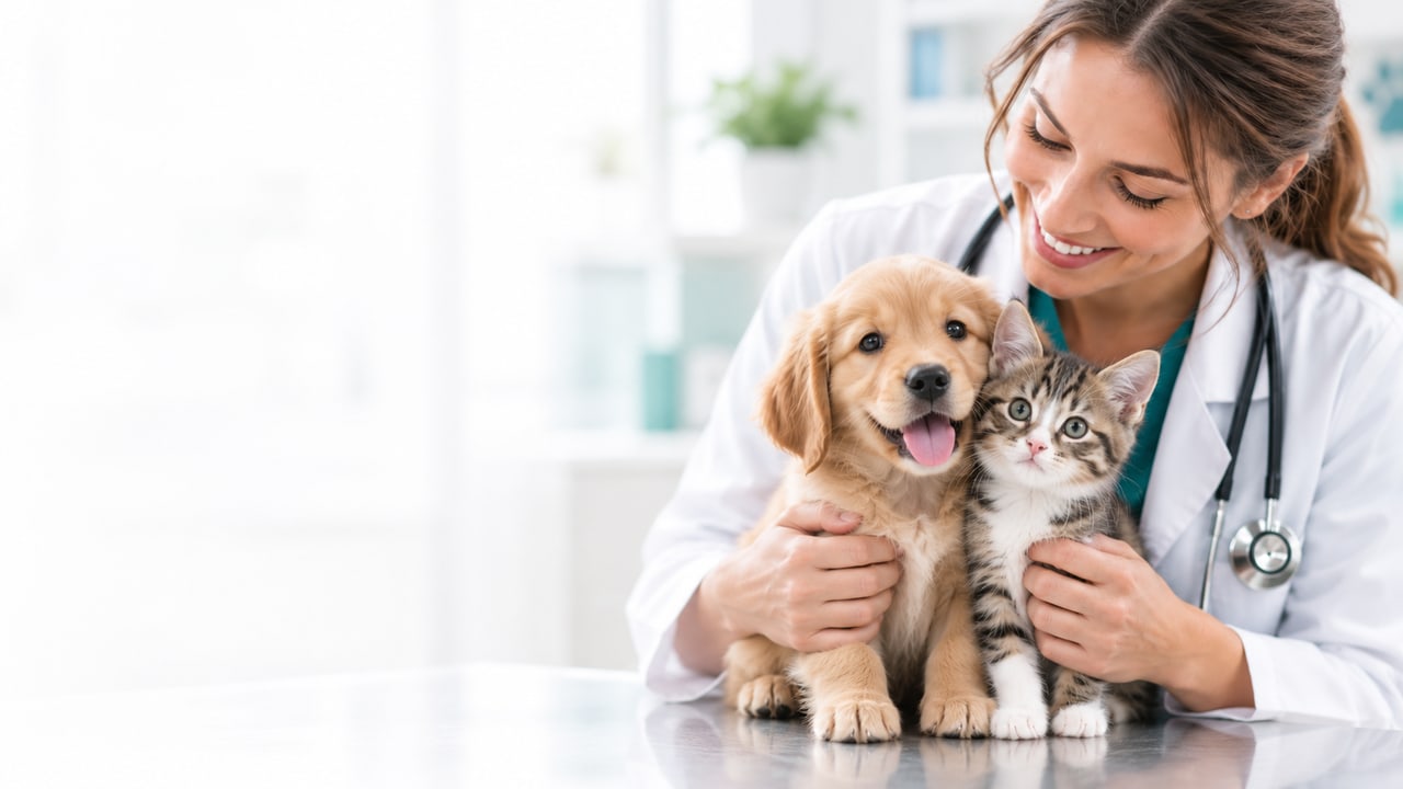 Tierärztin mit Welpe und Kitten