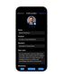 Smartphone zeigt die SWYONE App zum Profil erstellen, mit Feldern für Name, Standort und Branche.