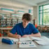 A student in a blue polo shirt takes an ACT practice test at a desk in a library with bookshelves in the background.