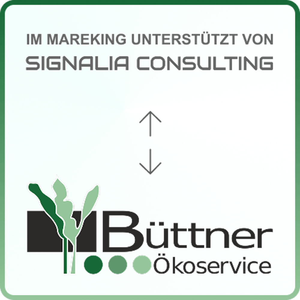 Logo von Büttner Ökoservice mit Pflanzensymbol und Text Signalia Consulting unter zwei vertikalen Pfeilen.