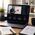 Ein Laptop mit Online-Kurs zu Strategie und Erfolg, Notizbuch mit "Lernen. Anwenden. Wachsen", Tablet mit Fortschritt.