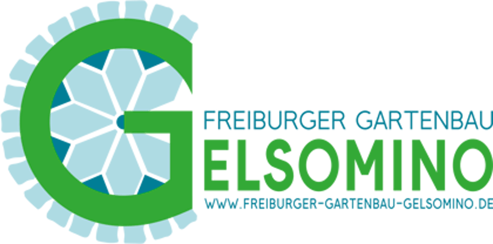 Logo mit großem grünem "G" und blauer Blütenform, daneben Text "FREIBURGER GARTENBAU ELSOMINO www.freiburger-gartenbau-gelsomino.de".