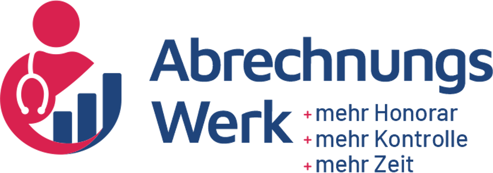 AbrechnungsWerk Logo mit roter Figur, blauem Balkendiagramm und Text "mehr Honorar, mehr Kontrolle, mehr Zeit".