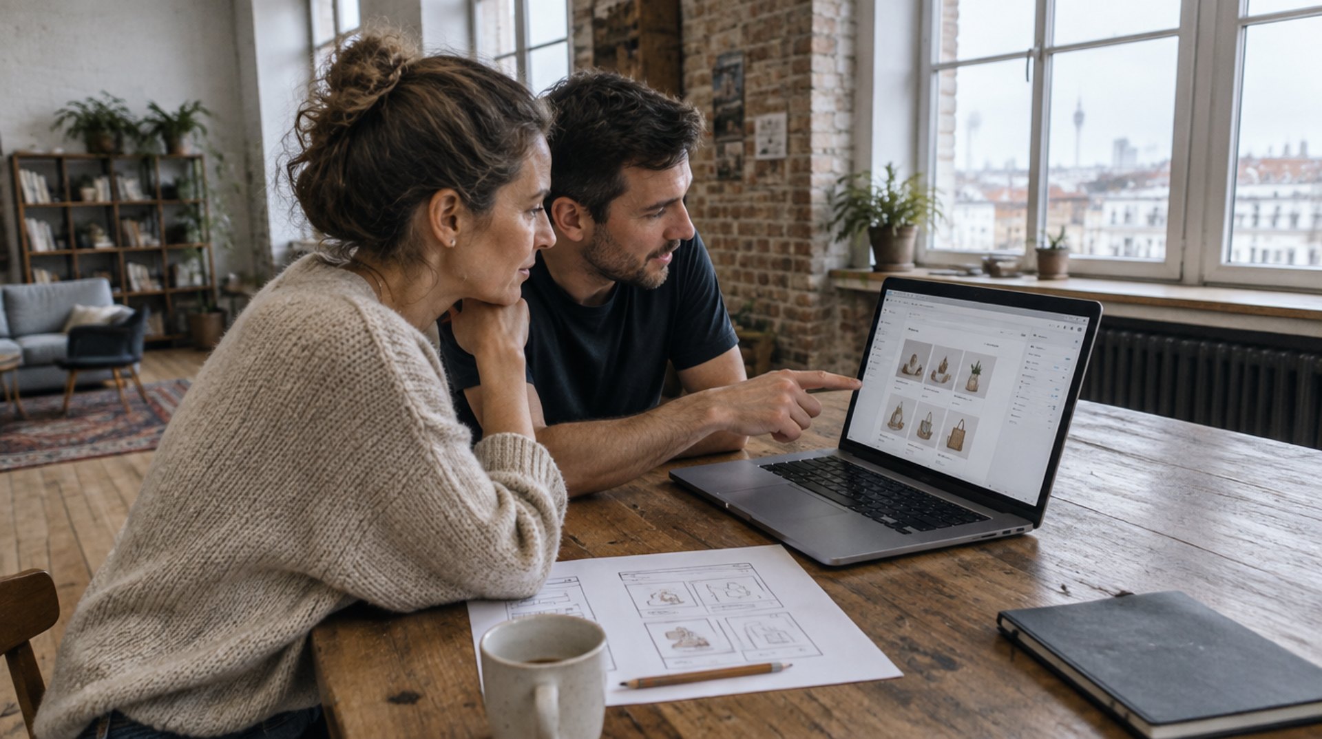Shop-Inhaberin und Shopify Freelancer vergleichen in einem Berliner Loft am Laptop zwei Theme-Layouts für einen Onlineshop, daneben Skizzen auf Papier