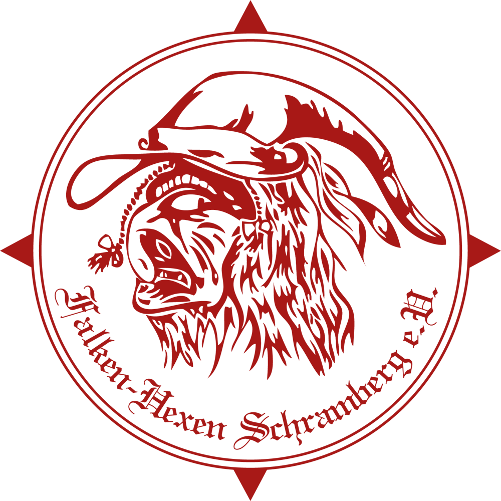 Rotes, rundes Logo mit einem Hexenkopf, der eine spitze Mütze und Geweih trägt, umgeben von "Falken-Hexen Schramberg e.V.".