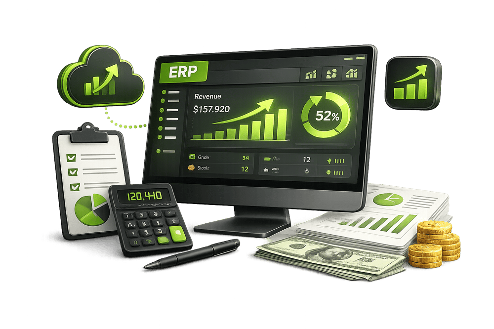Monitor mit ERP-Software und Finanzgrafiken neben Taschenrechner und Bargeld