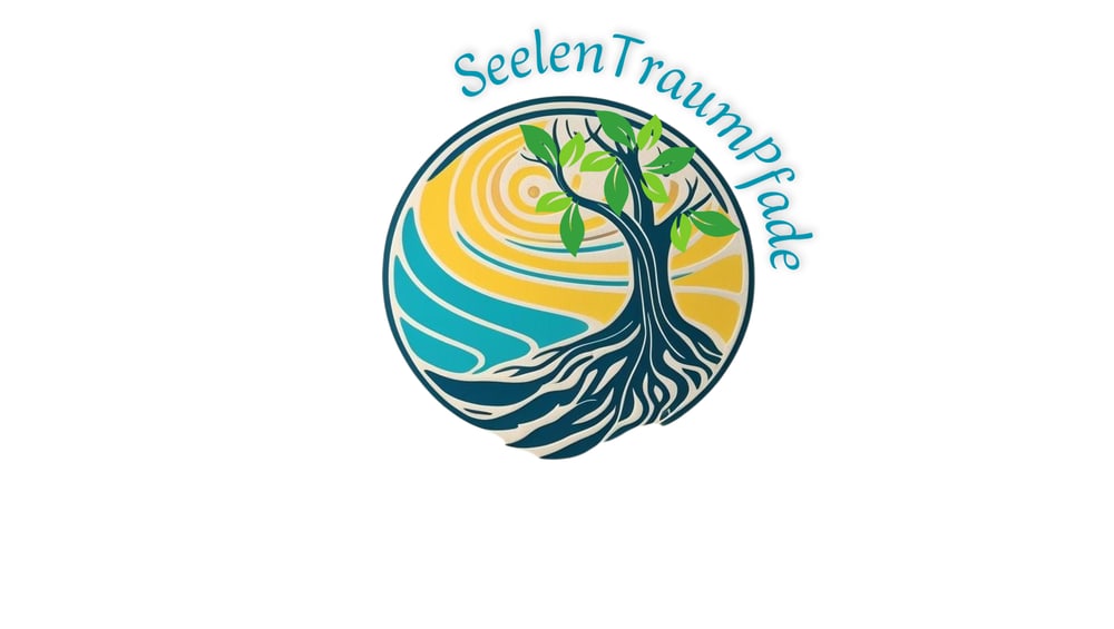 Logo: Baum mit Wurzeln und grünen Blättern vor einer gelben Sonne und blauen Wellen, darüber "SeelenTraumPfade".