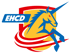 Gelbes Wappenschild mit blauem Einhorn und rotem Feuer; links ein blaues Rechteck mit weißem Text "EHCD".