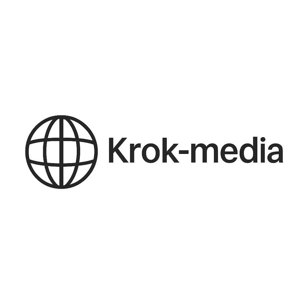 Graues Globus-Symbol neben dem Text "Krok-media" auf dunkelgrünem Hintergrund.