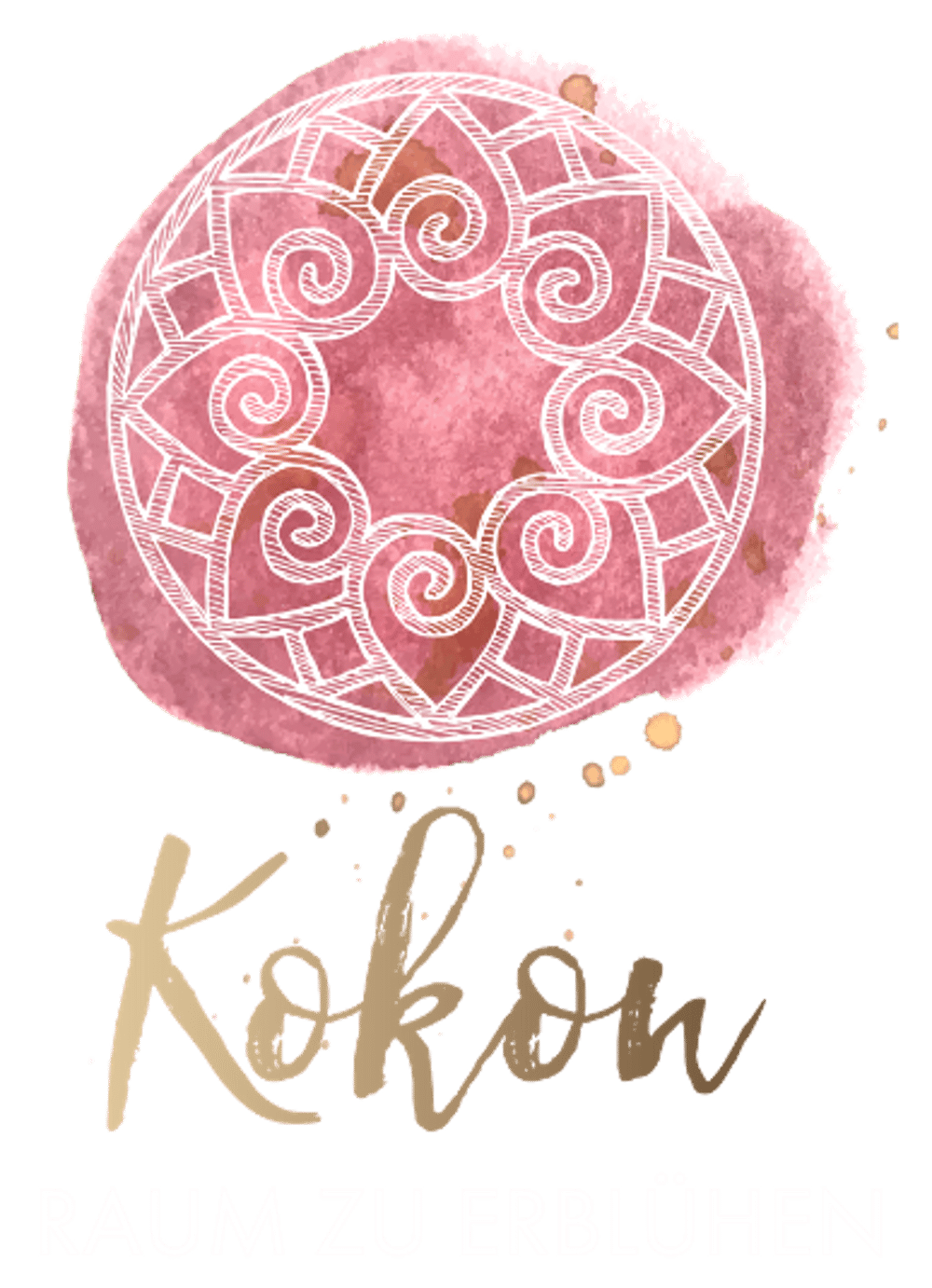 Rosa Mandala auf Aquarellhintergrund mit dem Schriftzug Kokon – Raum zu erblühen auf schwarzem Grund.