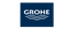 Grohe-Logo: Weißer Schriftzug "GROHE" über drei stilisierten Wellen auf dunkelblauem Quadrat.