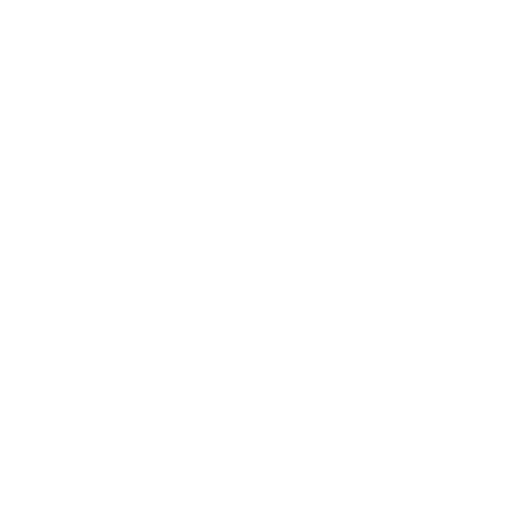 Weißes Herz mit aufsteigendem Balkendiagramm und Pfeil, daneben der Text "UMSATZLIEBE".