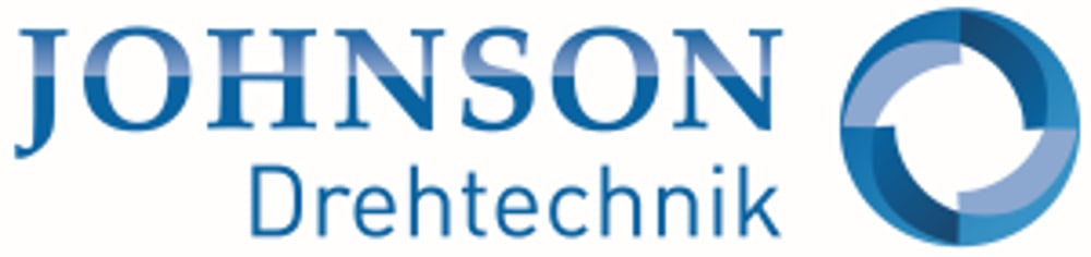 Johnson Drehtechnik Logo mit blauem Text und einem blauen Kreis-Pfeil-Symbol.