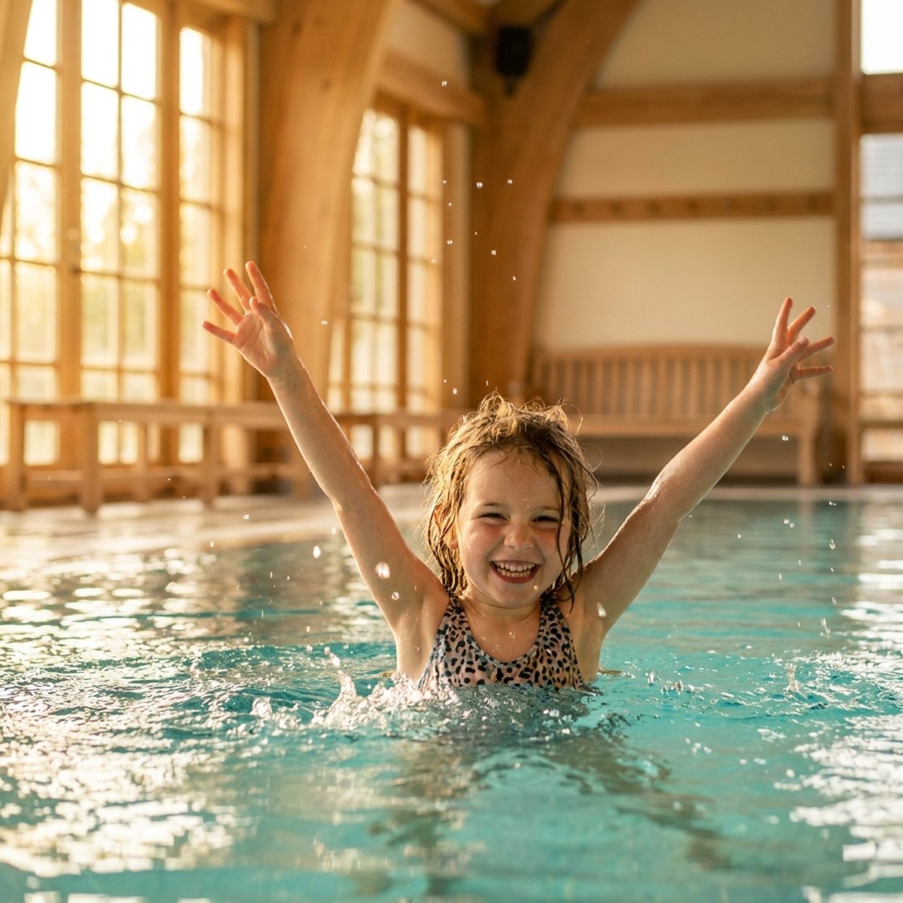 Schwimmlehrerin trägt ein entspanntes Kind im warmen Wasser