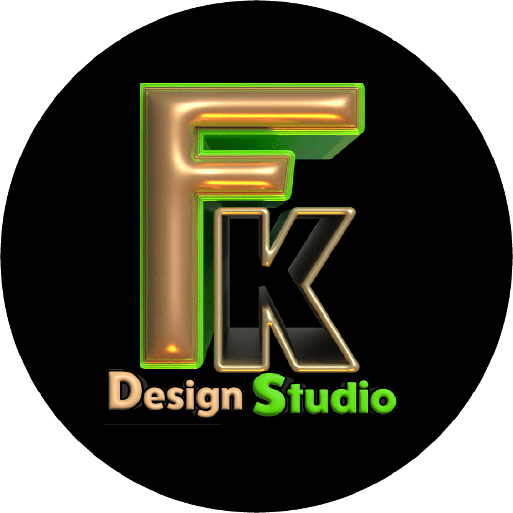 3D-Buchstaben „F“ und „K“ in Gold und Schwarz mit grünem Rand, darunter „Design Studio“ in Gold und Grün.
