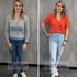 Vorher-Nachher-Vergleich einer Frau in grauer Strickjacke und dunkler Jeans sowie in orangem Oberteil und heller Jeans.