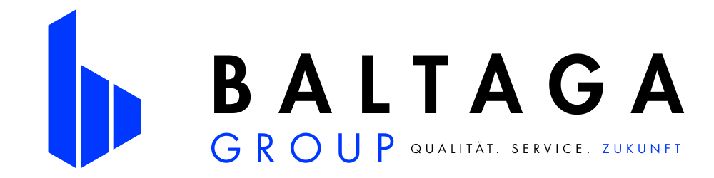 Logo der Baltaga Group mit blauem 3D-Balkenmuster und Text "Qualität, Service, Zukunft".