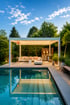 Moderne Pergola mit Lounge-Sofa, Außenküche und beleuchtetem Poolbereich bei Dämmerung im Garten.