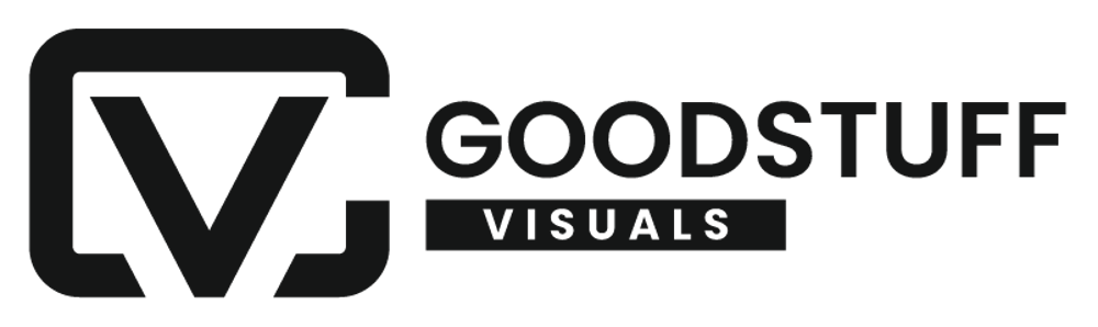 Goodstuff Visuals Logo: Grünes Quadrat mit weißem V und weißer Schrift "GOODSTUFF VISUALS".