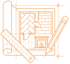 Orangefarbene Strichzeichnung eines Bauplans mit Kamin, Lineal und Bleistift auf schwarzem Hintergrund.
