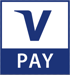 V PAY Logo: Blaues "V" über weißem "PAY" auf blauem Hintergrund.