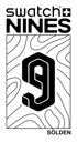 Swatch Nines Sölden Logo auf grünem Hintergrund mit schwarzer 9 und welligen Linien.