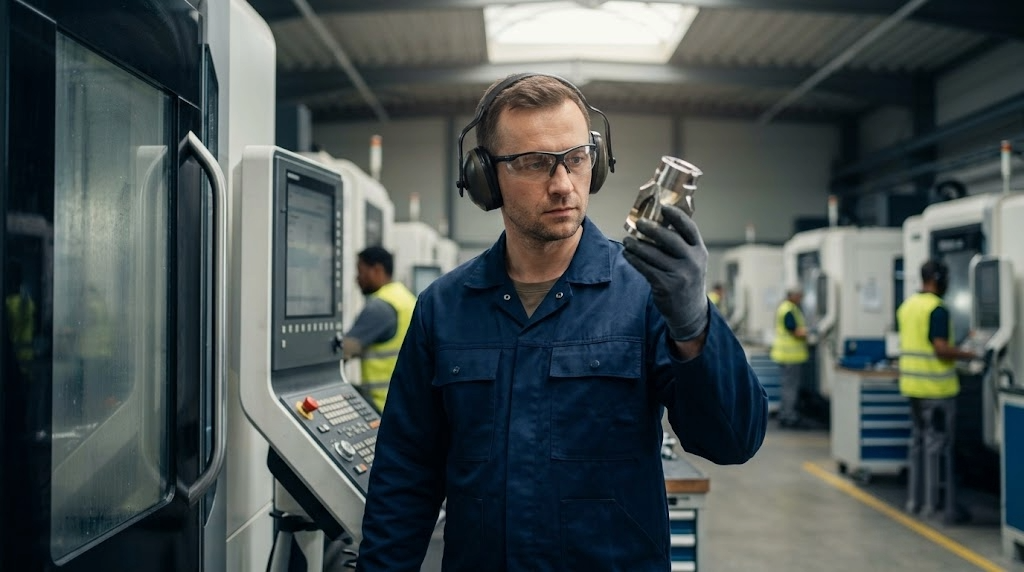 Mitarbeiter prüft ein Bauteil an einer CNC-Maschine, konzentriert und ruhig.