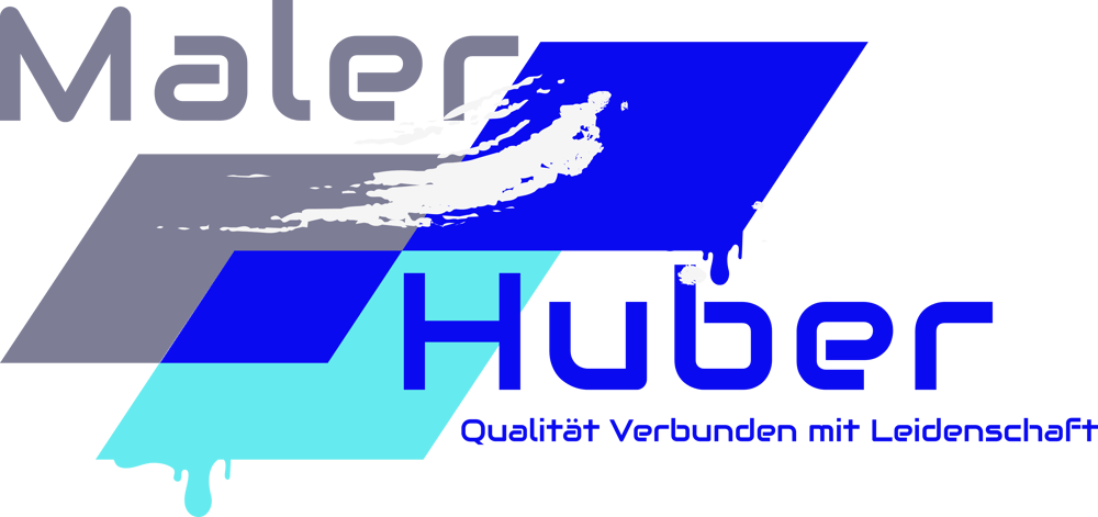 Maler Huber Logo mit blauen und grauen Formen, Pinselstrichen und dem Text "Qualität Verbunden mit Leidenschaft".