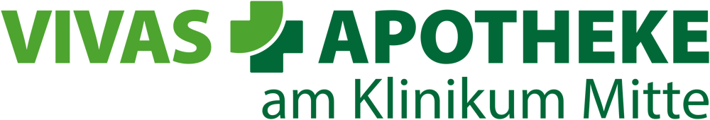 Grünes Logo VIVAS APOTHEKE mit Kreuzsymbol, darunter "am Klinikum Mitte".