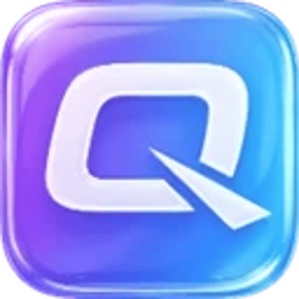 Ein glänzendes, quadratisches App-Icon mit dem Buchstaben Q auf einem blau-violetten Farbverlauf.