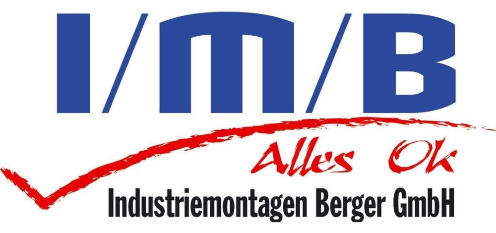 IMB Industrimontagen Berger GmbH Logo mit blauem Text "I/M/B" und rotem Haken, der "Alles Ok" umrahmt.