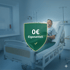 Ein lächelnder Mann liegt im Krankenhausbett, überlagert von einem Schild mit "0€ Eigenanteil".