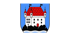 Wappen mit weißer Burg mit rotem Dach, schwarzen Türmen und schwarzen Flaggen auf blauem und schwarzem Hintergrund.