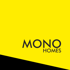 Logo von Mono Homes mit schwarzem Text auf gelbem Hintergrund und einer diagonalen schwarzen Fläche unten links.