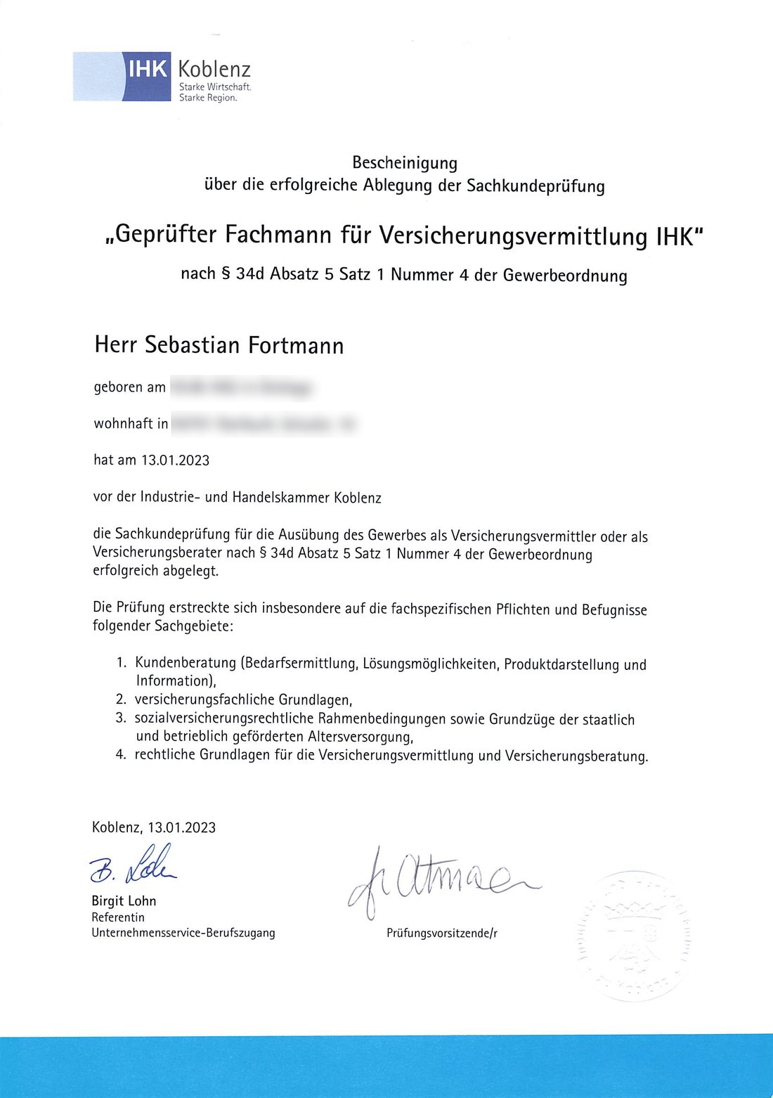 IHK-Bescheinigung in voller Größe