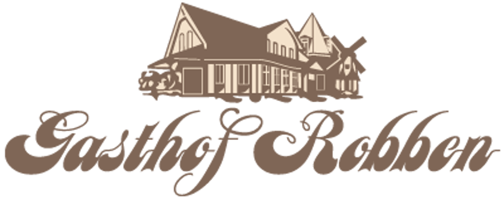 Logo vom Gasthof Robben mit brauner Skizze eines historischen Gebäude-Ensembles und Windmühle auf schwarzem Grund.