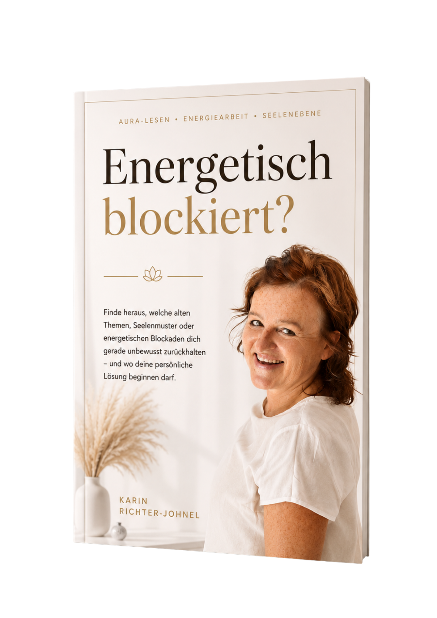 3D-Buch-Mockup des Leitfadens „Energetisch blockiert?“ von Karin Richter-Johnel