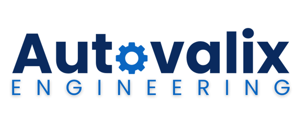 Autovalix Engineering Logo: Der Buchstabe "o" in Autovalix ist ein blaues Zahnrad.