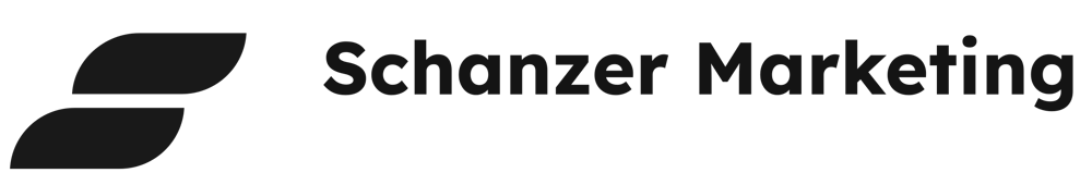 Logo von Schanzer Marketing mit einem stilisierten Blattmotiv und dem Firmennamen in Schwarz auf grünem Hintergrund.