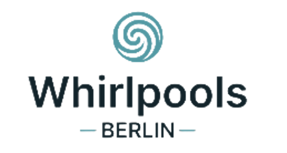 Whirlpools Berlin Logo mit blauem Strudel-Symbol und Text "Whirlpools BERLIN" in dunkelblau auf grünem Hintergrund.