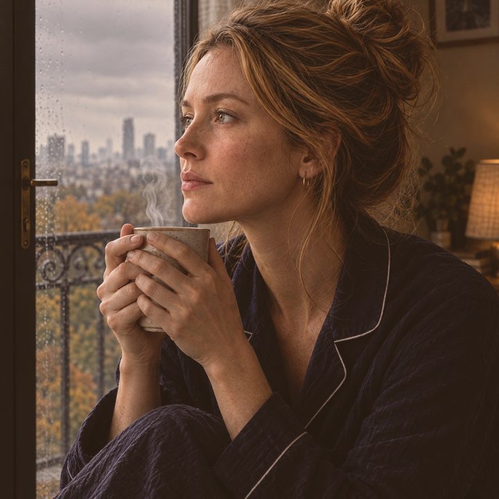 Lisa mit Tee am Balkonfenster