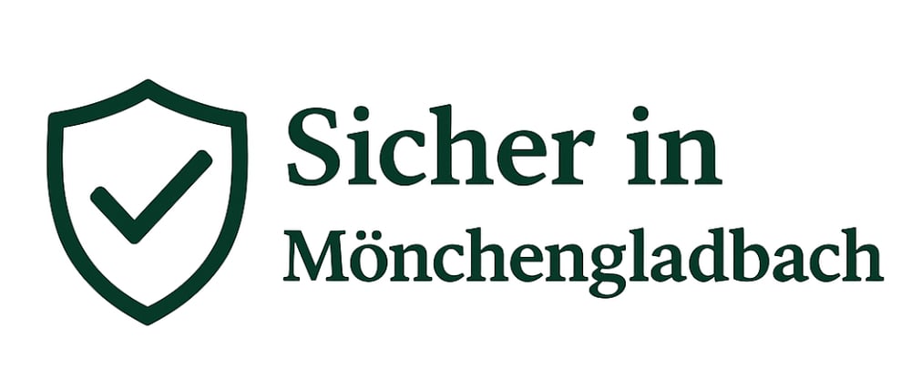 Grünes Schildsymbol mit Häkchen und dem Text "Sicher in Mönchengladbach" auf weißem Hintergrund.