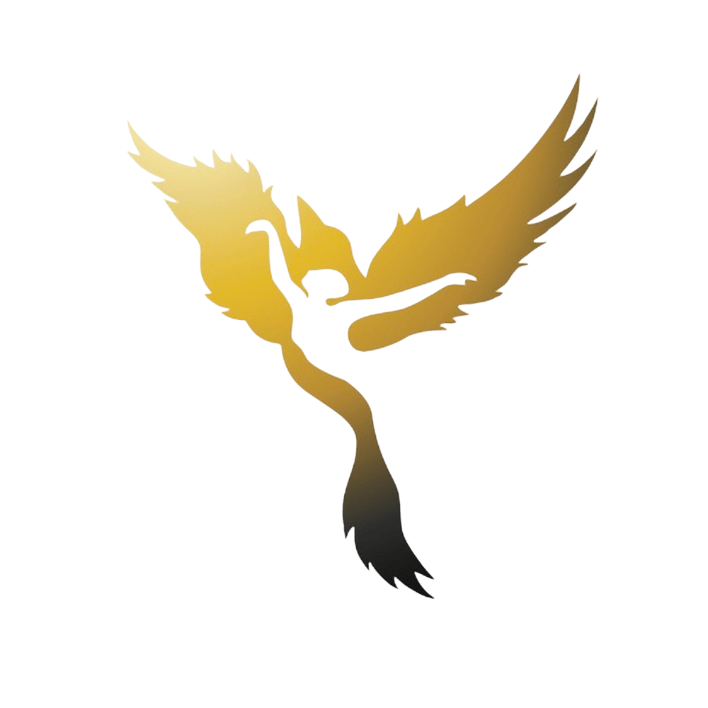 Goldener Phönix mit ausgebreiteten Flügeln und einer menschlichen Silhouette im Zentrum auf schwarzem Hintergrund.